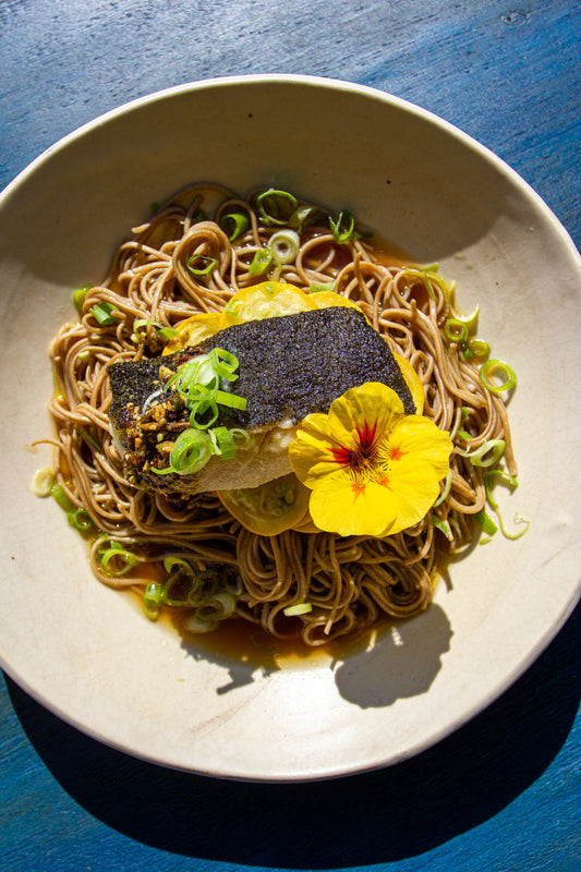 Recipe: Seared black cod with soba noodles, dashi, and Green Gems
